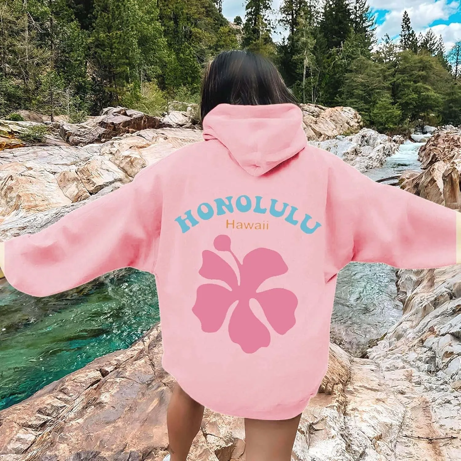 Women Pink Hoodie Cute Letter Floral Graphic Hoodies Y2k Preppy Girls Sweatshirt Oversized Casual Fashion Pullover