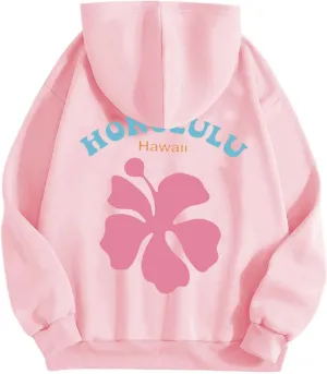 Women Pink Hoodie Cute Letter Floral Graphic Hoodies Y2k Preppy Girls Sweatshirt Oversized Casual Fashion Pullover