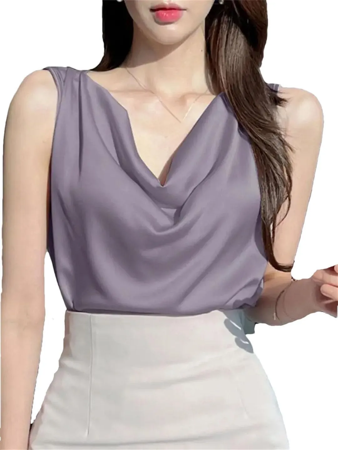 Women Satin Solid Color Sleeveless Tank Tops Elegant Korean Style Sexy Office Cowl Neck Camisole