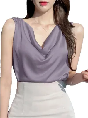 Women Satin Solid Color Sleeveless Tank Tops Elegant Korean Style Sexy Office Cowl Neck Camisole