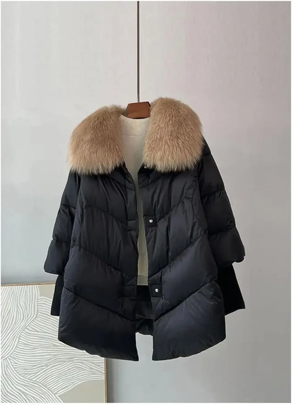 Women White Down Duck Parka Big Fur Collar Cotton Padded Jacket Loose Puffer Coat Lightweight Poacket Outerwear