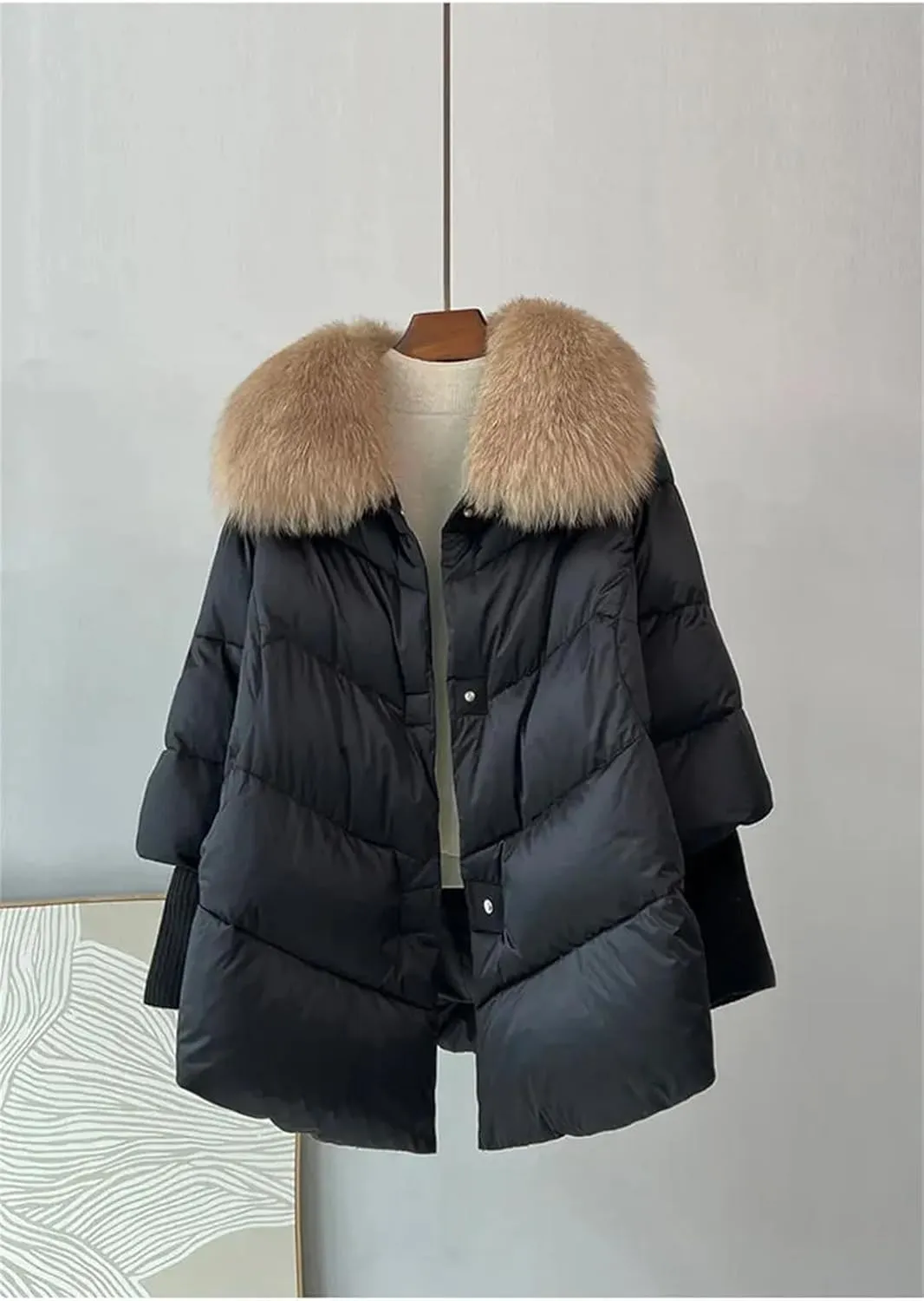 Women White Down Duck Parka Big Fur Collar Cotton Padded Jacket Loose Puffer Coat Lightweight Poacket Outerwear