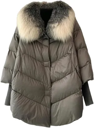 Women White Down Duck Parka Big Fur Collar Cotton Padded Jacket Loose Puffer Coat Lightweight Poacket Outerwear
