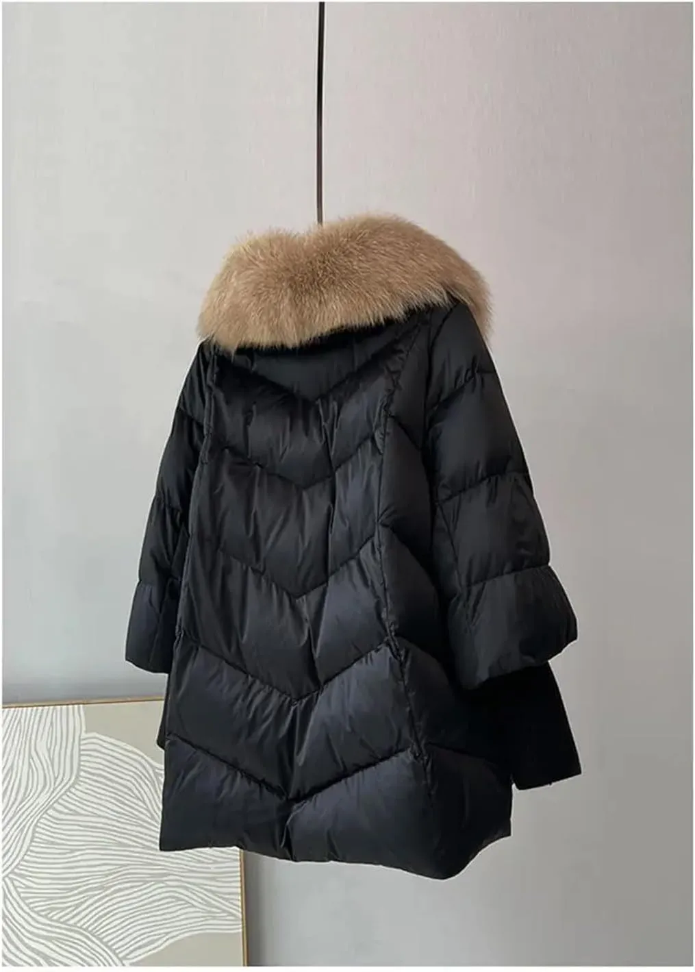 Women White Down Duck Parka Big Fur Collar Cotton Padded Jacket Loose Puffer Coat Lightweight Poacket Outerwear