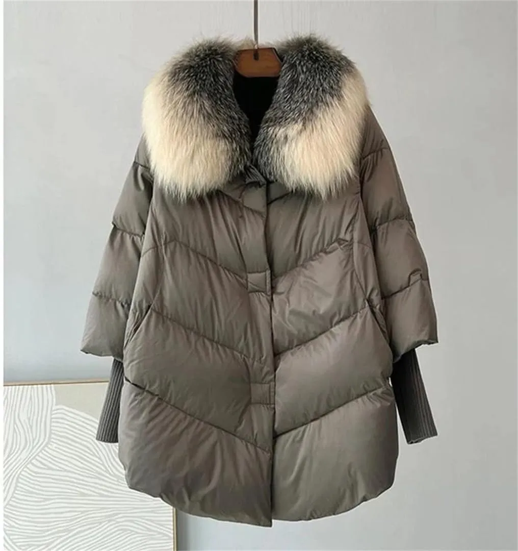 Women White Down Duck Parka Big Fur Collar Cotton Padded Jacket Loose Puffer Coat Lightweight Poacket Outerwear
