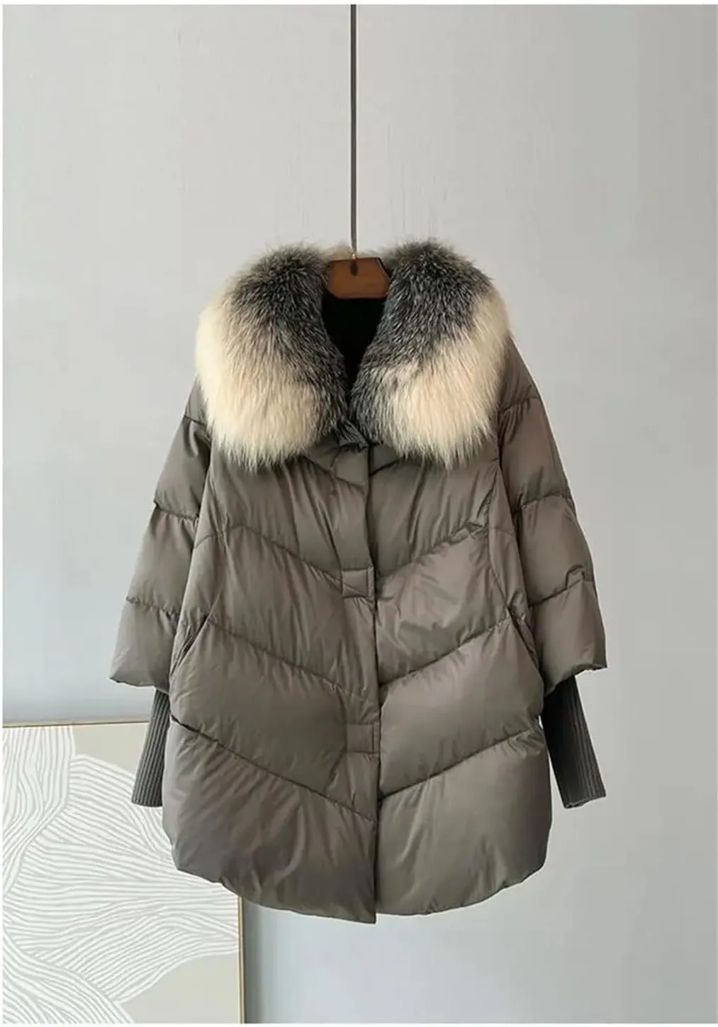 Women White Down Duck Parka Big Fur Collar Cotton Padded Jacket Loose Puffer Coat Lightweight Poacket Outerwear