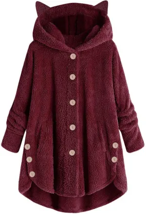 Women's Faux Fur Coats Shaggy Jacket Fleece Hooded Sweatshirt with Cat Ear Warm Fall Winter Jacket Oversized Outwears