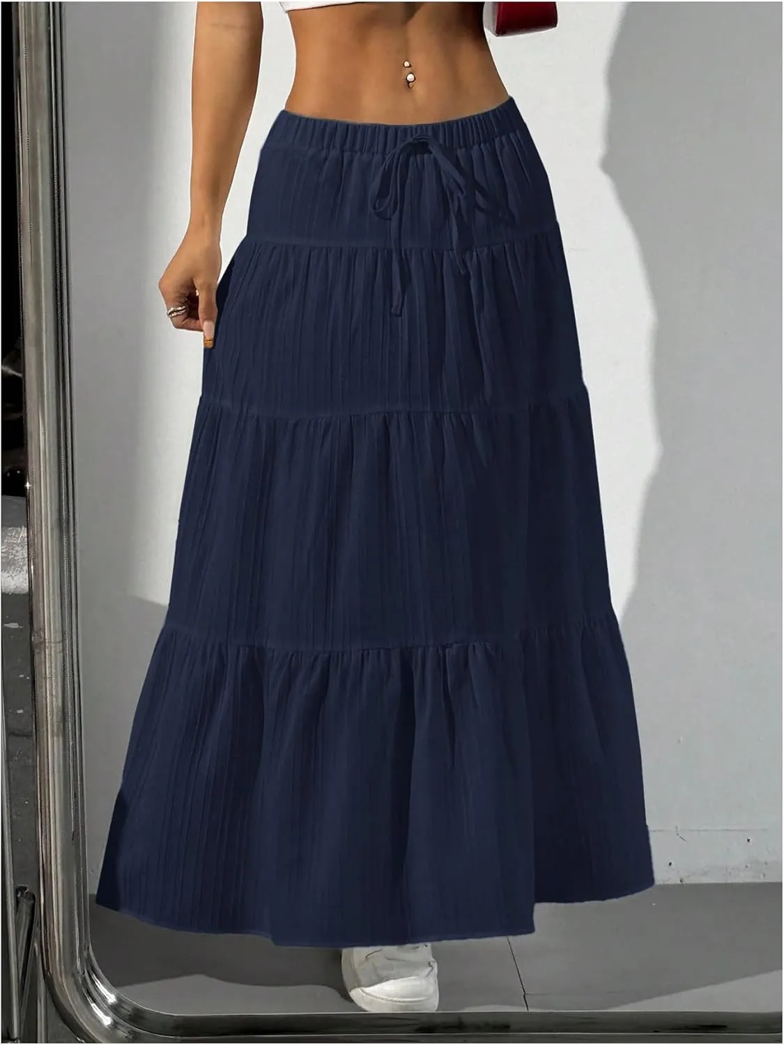 Women's Flowy Flared Ruffle Hem A Line Maxi Skirts Elastic Waist Elegant Tiered Layer Boho Long Skirts