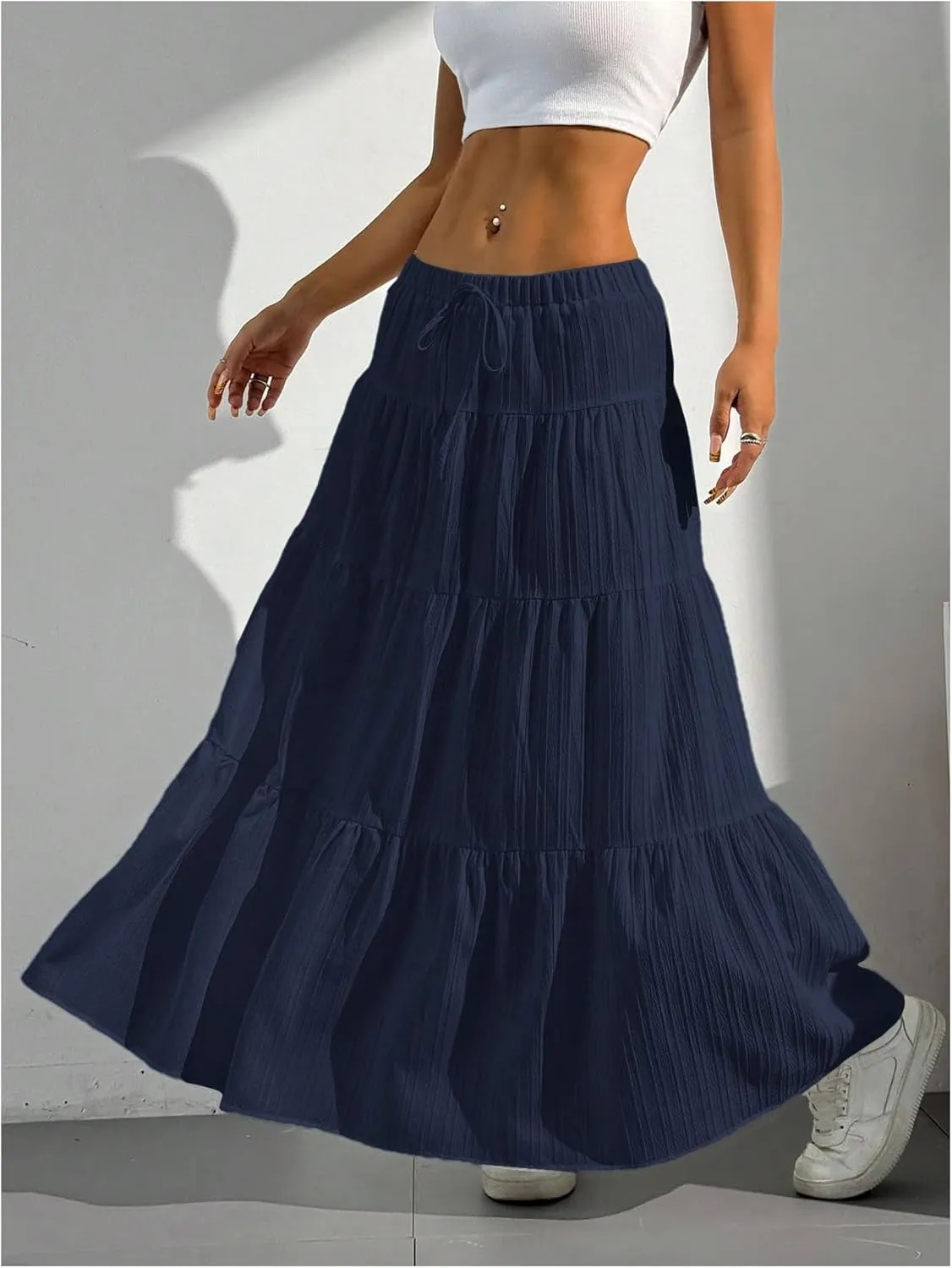 Women's Flowy Flared Ruffle Hem A Line Maxi Skirts Elastic Waist Elegant Tiered Layer Boho Long Skirts