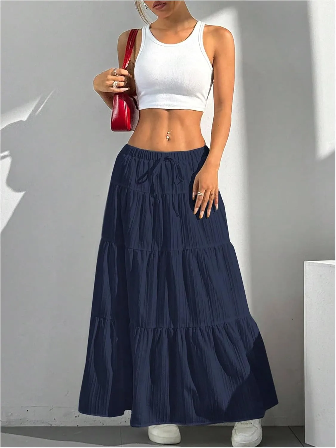 Women's Flowy Flared Ruffle Hem A Line Maxi Skirts Elastic Waist Elegant Tiered Layer Boho Long Skirts