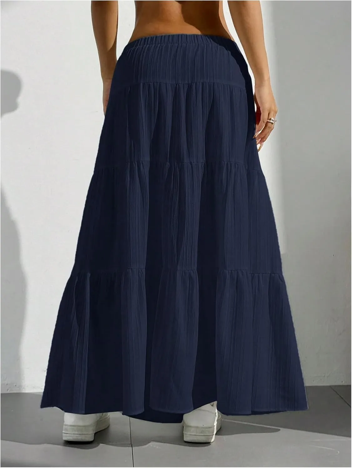 Women's Flowy Flared Ruffle Hem A Line Maxi Skirts Elastic Waist Elegant Tiered Layer Boho Long Skirts