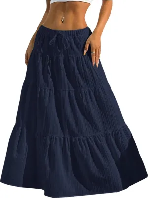 Women's Flowy Flared Ruffle Hem A Line Maxi Skirts Elastic Waist Elegant Tiered Layer Boho Long Skirts