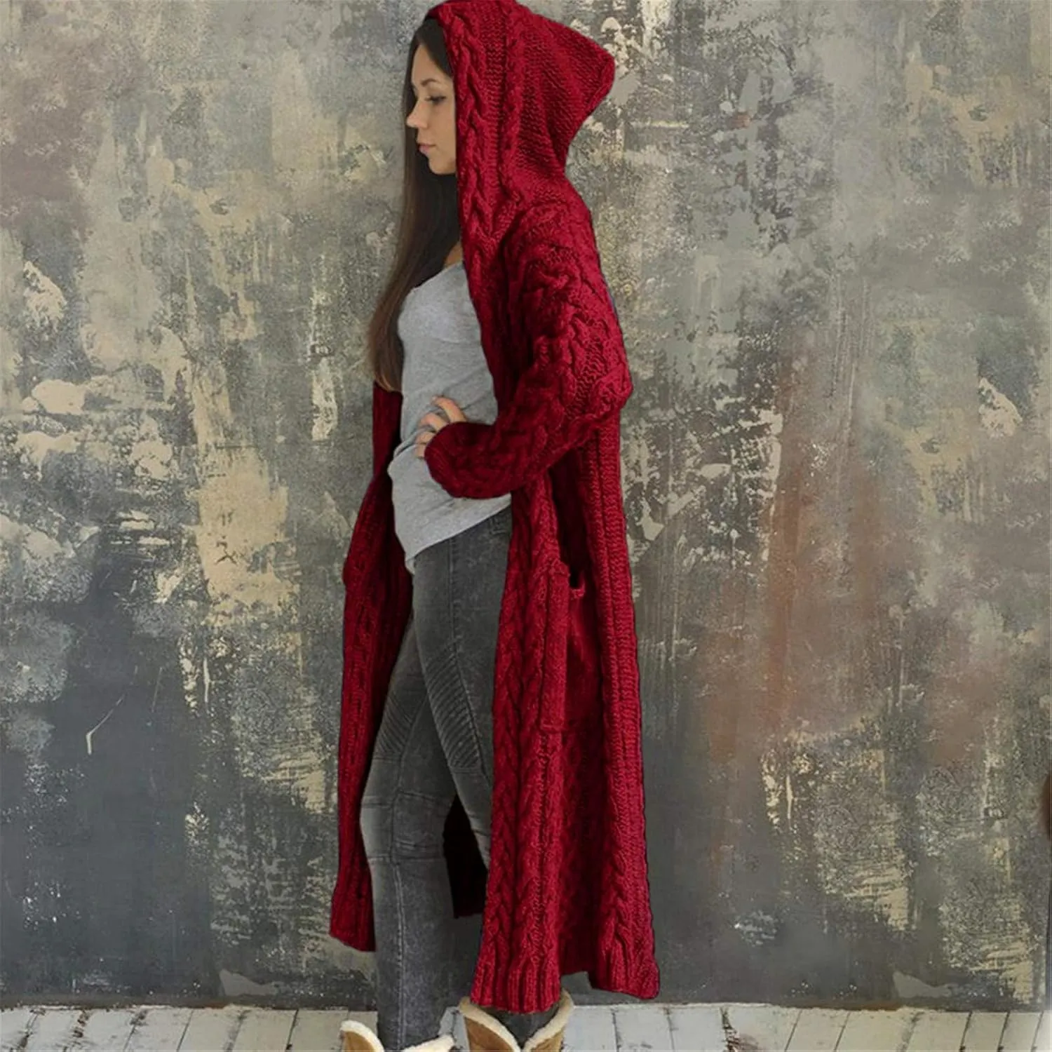 Women's Lightweight Hooded Sweaters Oversized Open Cardigan Warm Outwear Coat Cable Knit Long Cardigan Sweaters with Pockets