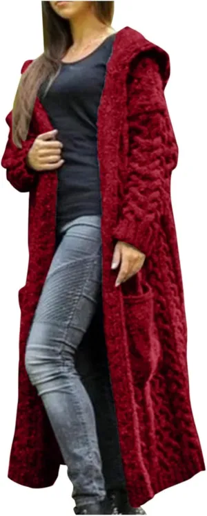 Women's Lightweight Hooded Sweaters Oversized Open Cardigan Warm Outwear Coat Cable Knit Long Cardigan Sweaters with Pockets