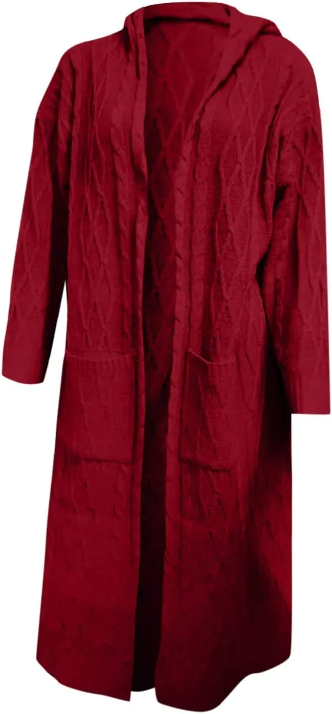 Women's Lightweight Hooded Sweaters Oversized Open Cardigan Warm Outwear Coat Cable Knit Long Cardigan Sweaters with Pockets