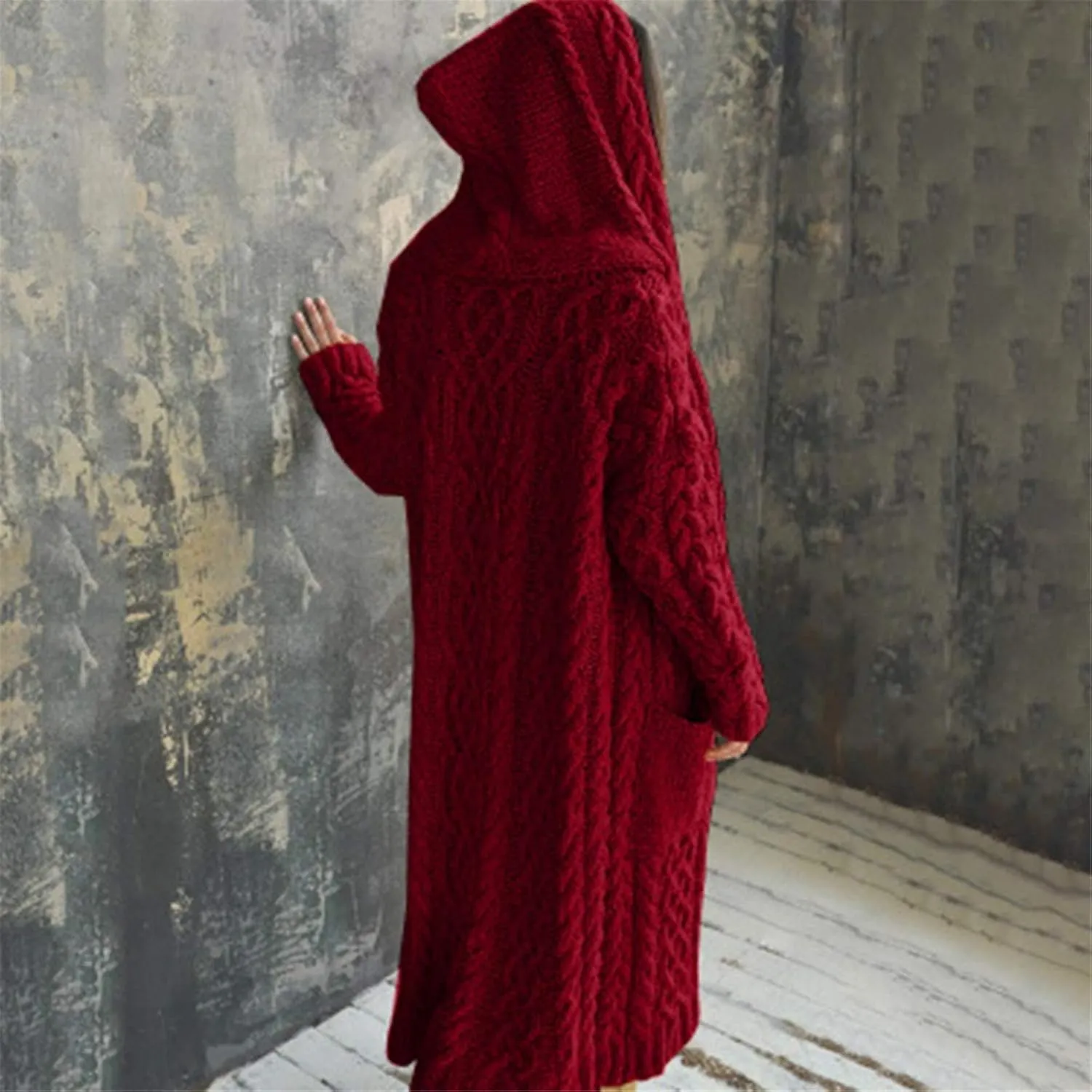 Women's Lightweight Hooded Sweaters Oversized Open Cardigan Warm Outwear Coat Cable Knit Long Cardigan Sweaters with Pockets
