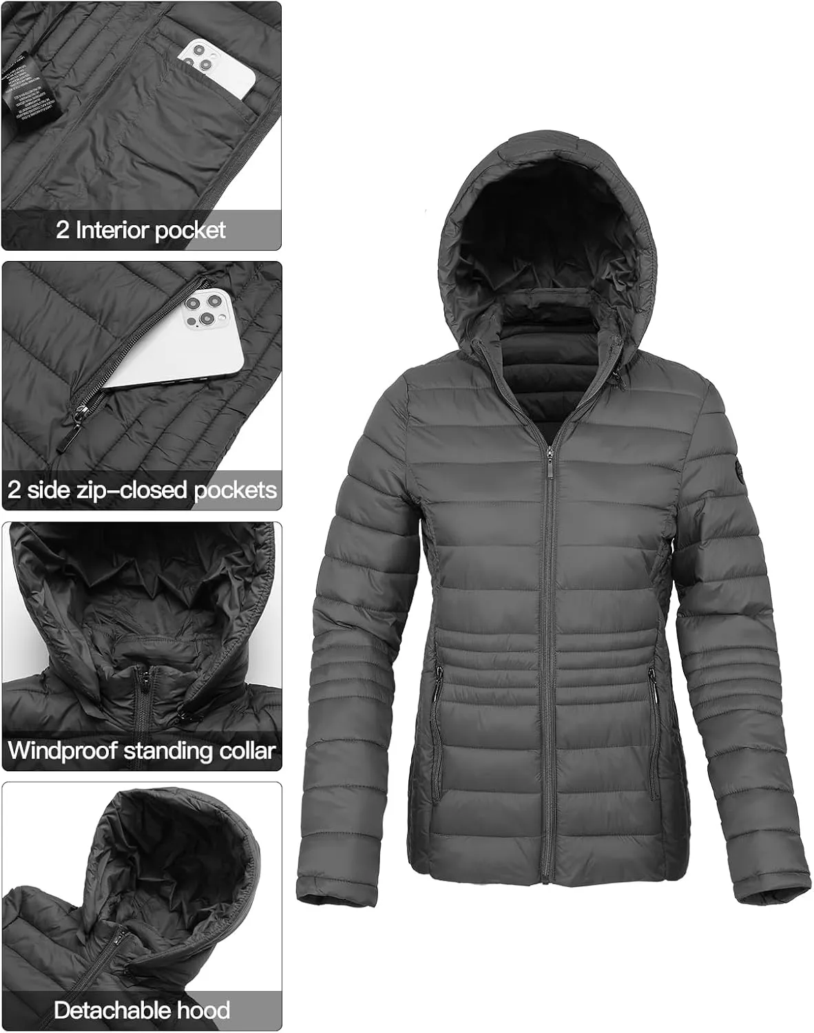 Women's Lightweight Puffer Jacket Quilted Winter Coats with Detachable Hood