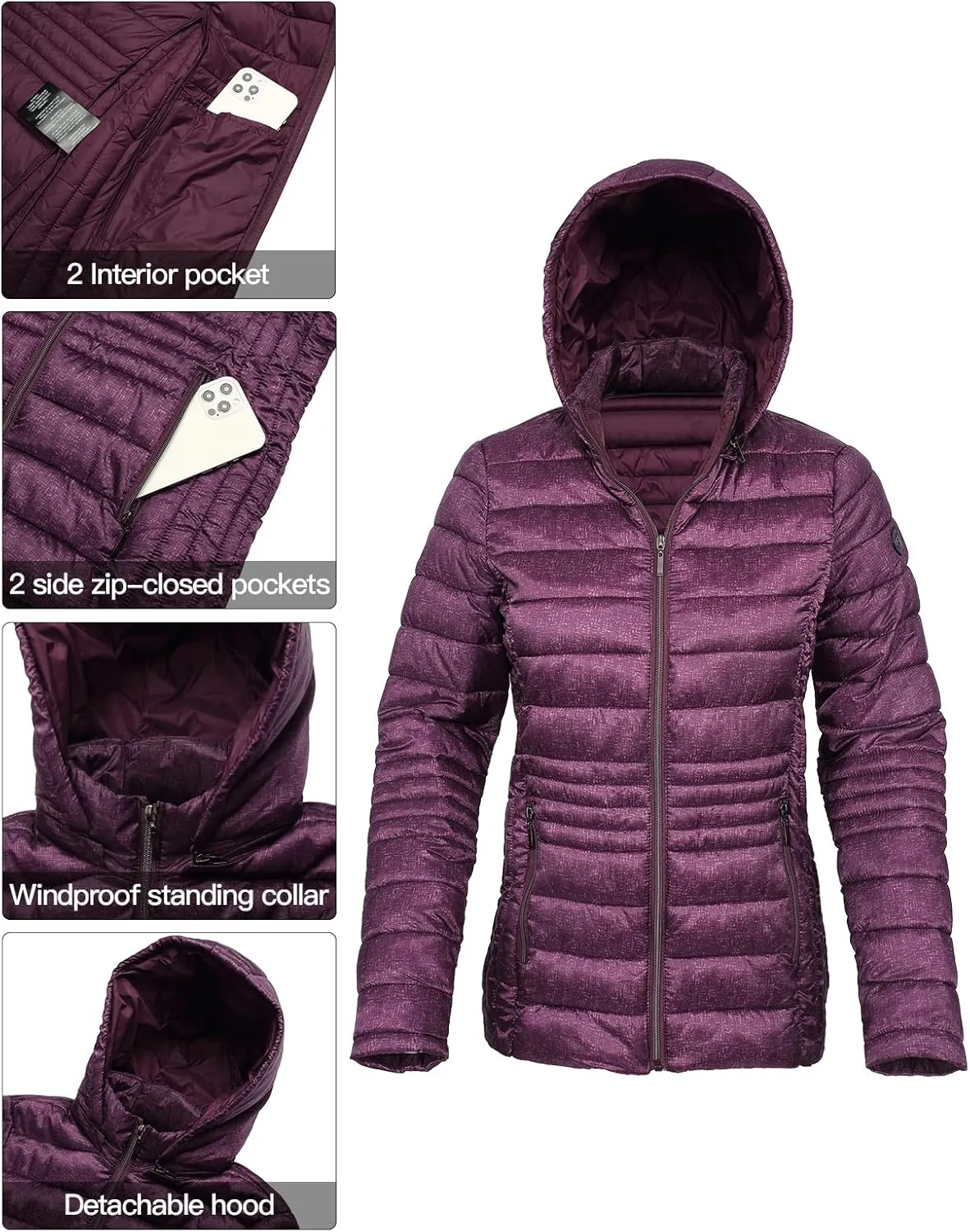 Women's Lightweight Puffer Jacket Quilted Winter Coats with Detachable Hood