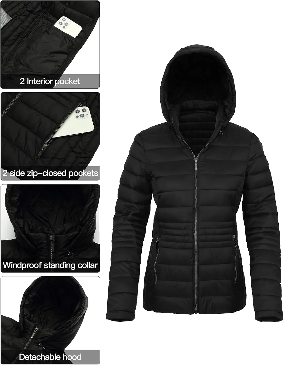 Women's Lightweight Puffer Jacket Quilted Winter Coats with Detachable Hood