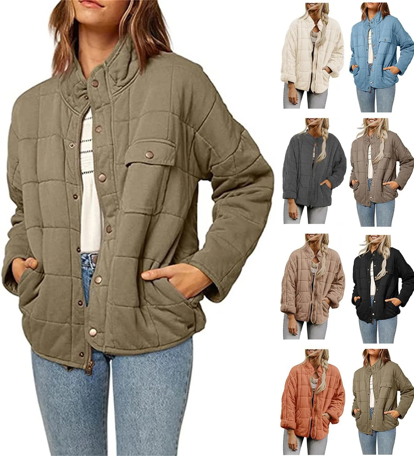Womens Lightweight Quilted Dolman Full Zip Jackets Long Sleeve Stand Neck Winter Warm Casual Outwears with Pockets