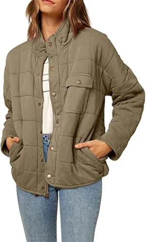 Womens Lightweight Quilted Dolman Full Zip Jackets Long Sleeve Stand Neck Winter Warm Casual Outwears with Pockets