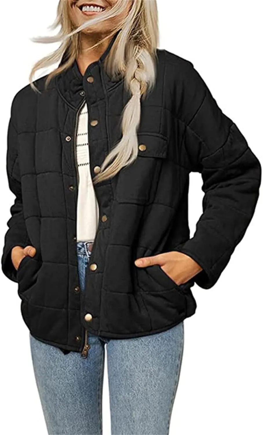 Womens Lightweight Quilted Dolman Full Zip Jackets Long Sleeve Stand Neck Winter Warm Casual Outwears with Pockets