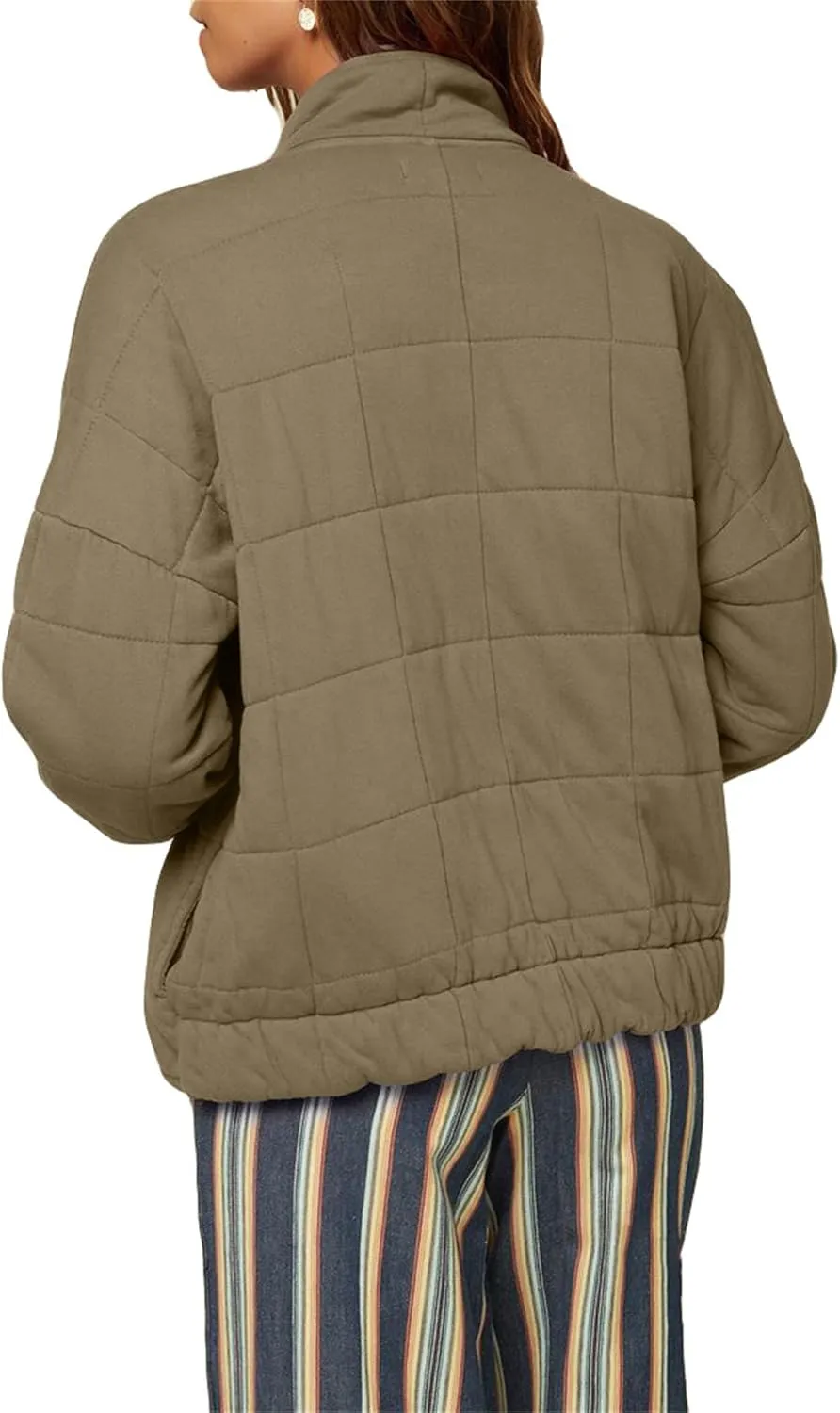 Womens Lightweight Quilted Dolman Full Zip Jackets Long Sleeve Stand Neck Winter Warm Casual Outwears with Pockets