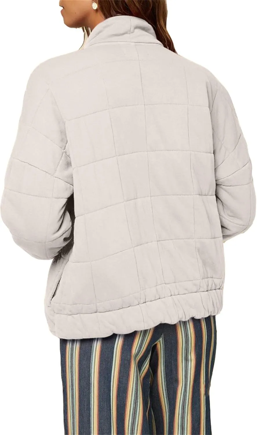 Womens Lightweight Quilted Dolman Full Zip Jackets Long Sleeve Stand Neck Winter Warm Casual Outwears with Pockets