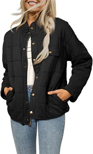 Womens Lightweight Quilted Dolman Full Zip Jackets Long Sleeve Stand Neck Winter Warm Casual Outwears with Pockets