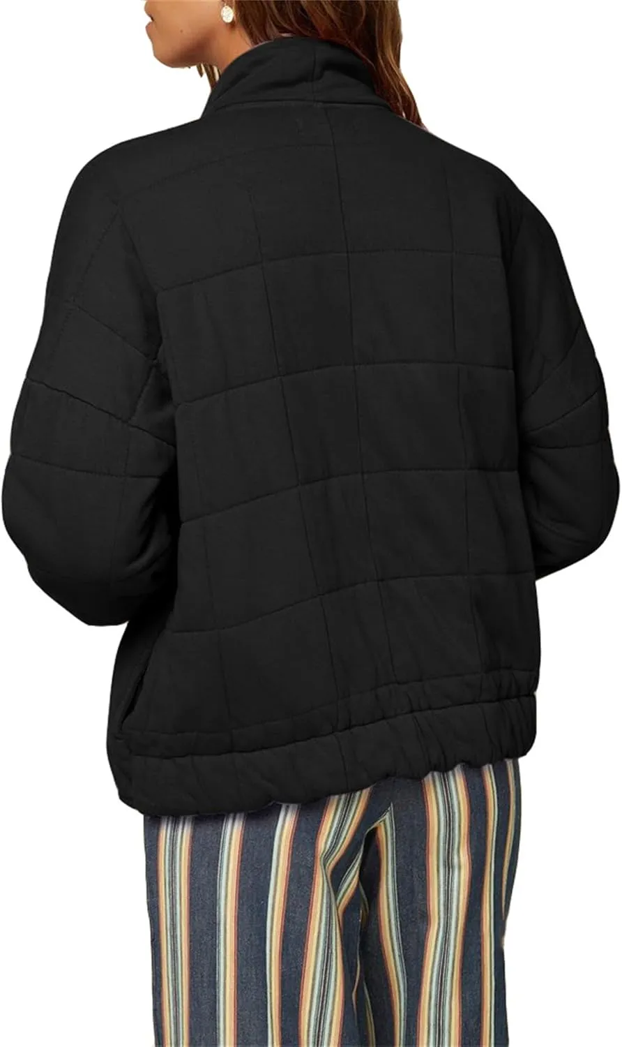 Womens Lightweight Quilted Dolman Full Zip Jackets Long Sleeve Stand Neck Winter Warm Casual Outwears with Pockets