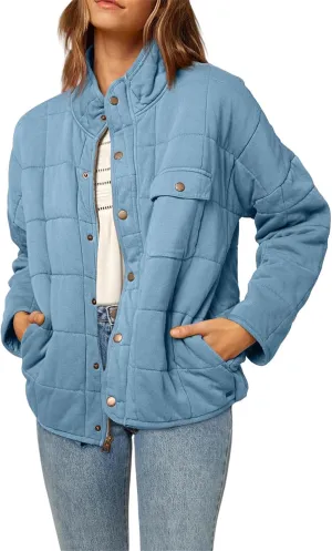 Womens Lightweight Quilted Dolman Full Zip Jackets Long Sleeve Stand Neck Winter Warm Casual Outwears with Pockets