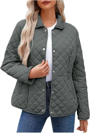 Women's Puffer Jacket Long Sleeve Button Down Lapel Quilted Coats Casual Lightweight Outwear Jacket With Pockets