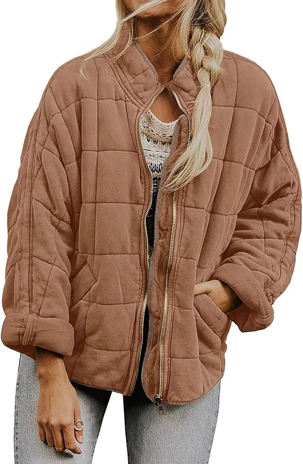 Womens Quilted Puffer Jacket Oversized Long Sleeve Hooded Coats Baggy Short Down Coats Winter Warm Lightweight Outwear