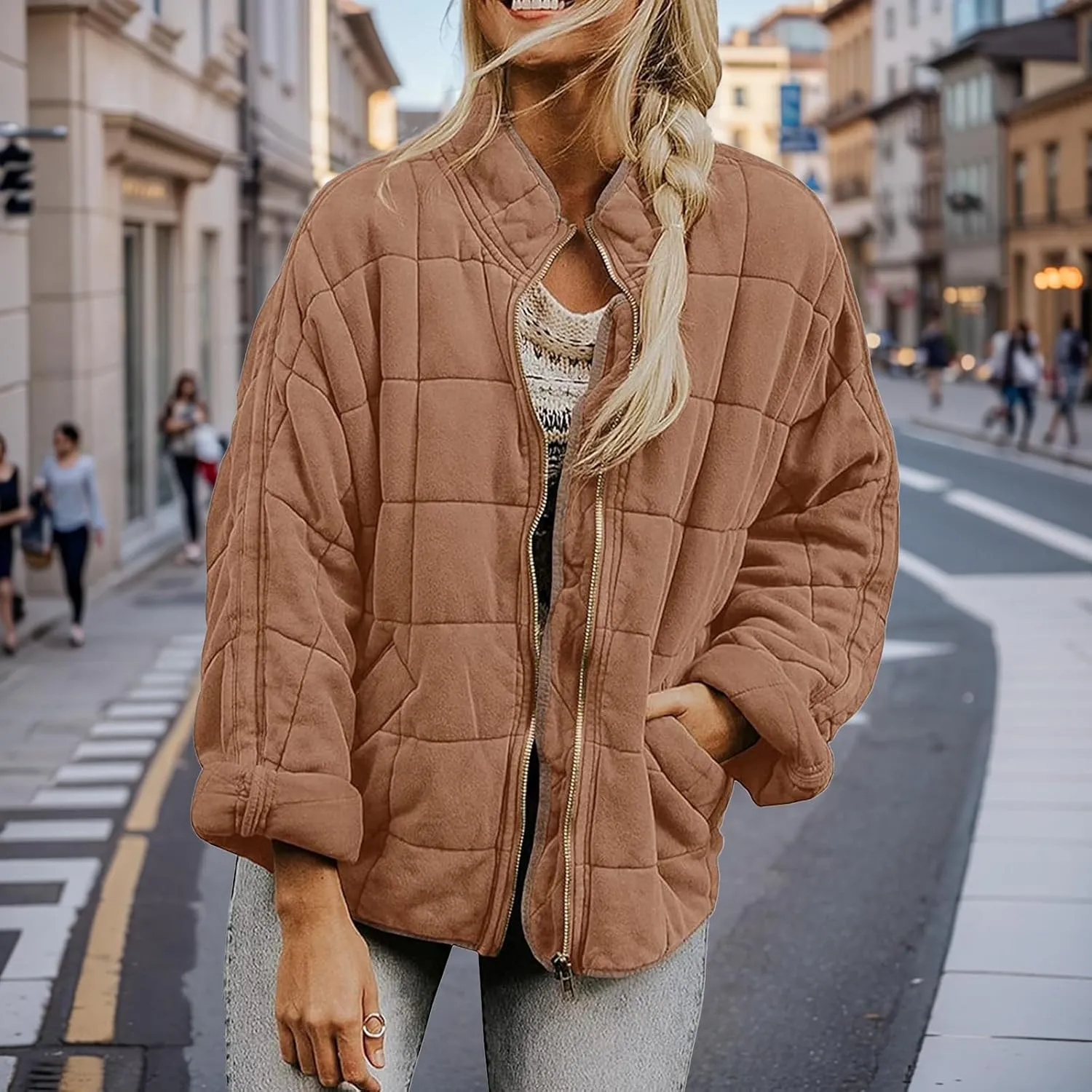 Womens Quilted Puffer Jacket Oversized Long Sleeve Hooded Coats Baggy Short Down Coats Winter Warm Lightweight Outwear