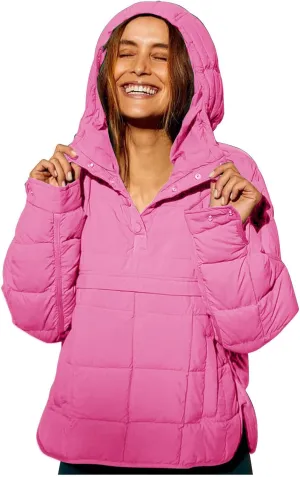 Womens Quilted Puffer Jacket Oversized Long Sleeve Hooded Coats Baggy Short Down Coats Winter Warm Lightweight Outwear