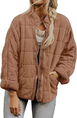 Womens Quilted Puffer Jacket Oversized Long Sleeve Hooded Coats Baggy Short Down Coats Winter Warm Lightweight Outwear