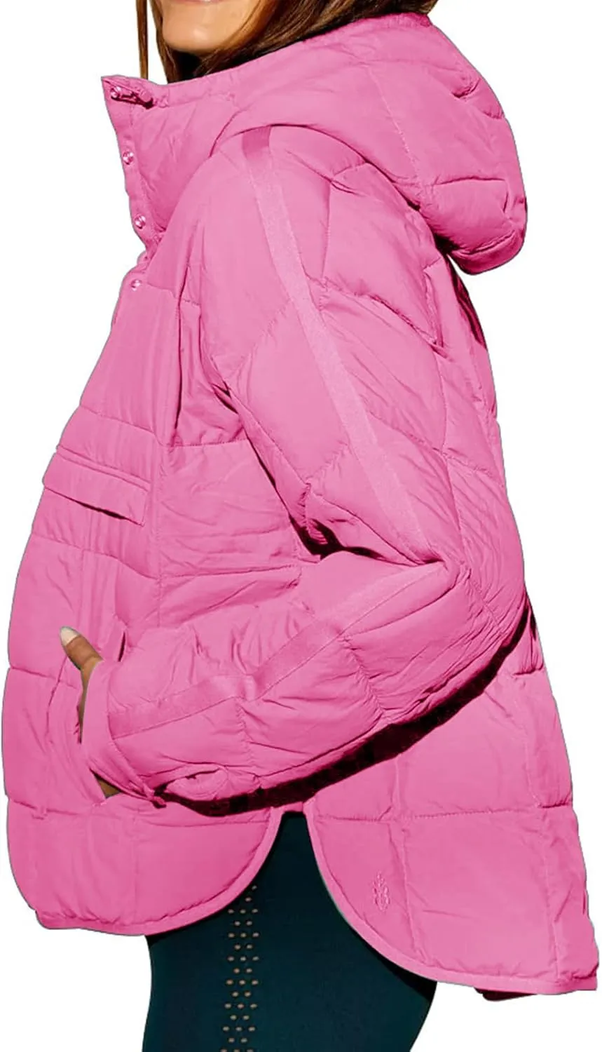 Womens Quilted Puffer Jacket Oversized Long Sleeve Hooded Coats Baggy Short Down Coats Winter Warm Lightweight Outwear