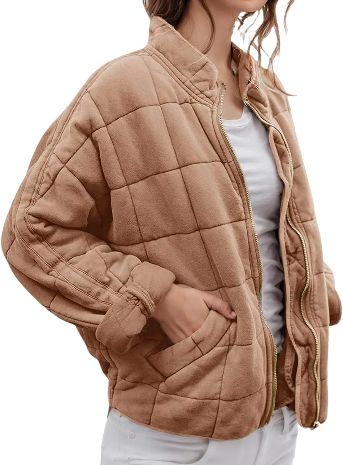 Womens Quilted Puffer Jacket Oversized Long Sleeve Hooded Coats Baggy Short Down Coats Winter Warm Lightweight Outwear