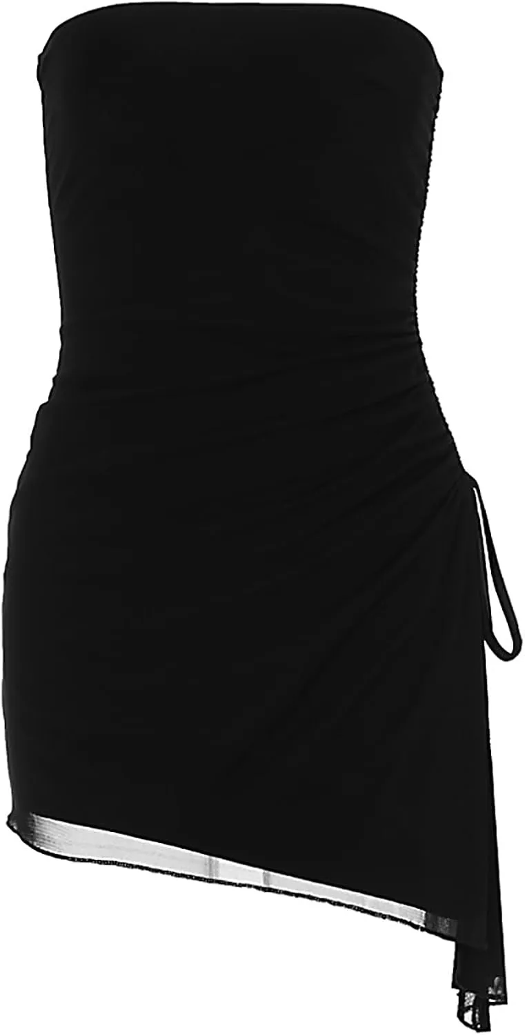 Women's Sexy Ruched Mesh Strapless Y2k Bodycon Dress Backless Tube Side Split Mini Dresses