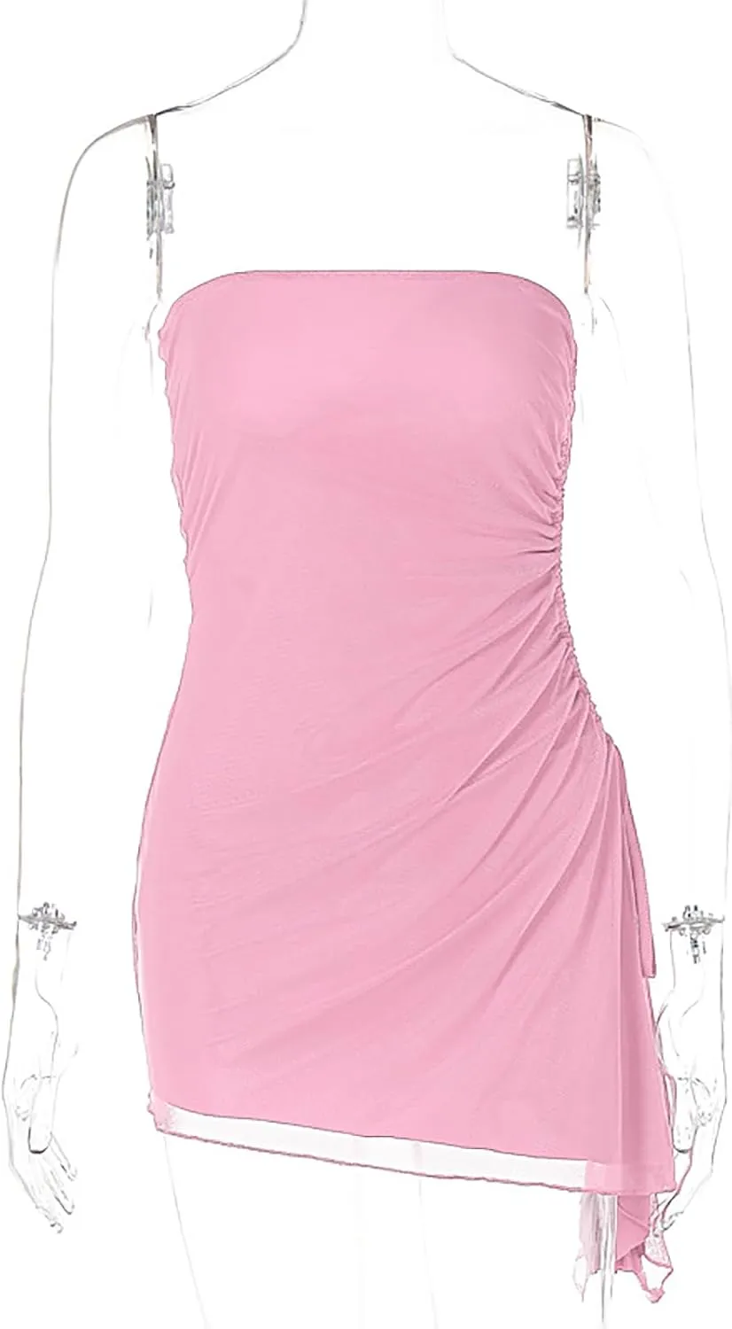 Women's Sexy Ruched Mesh Strapless Y2k Bodycon Dress Backless Tube Side Split Mini Dresses