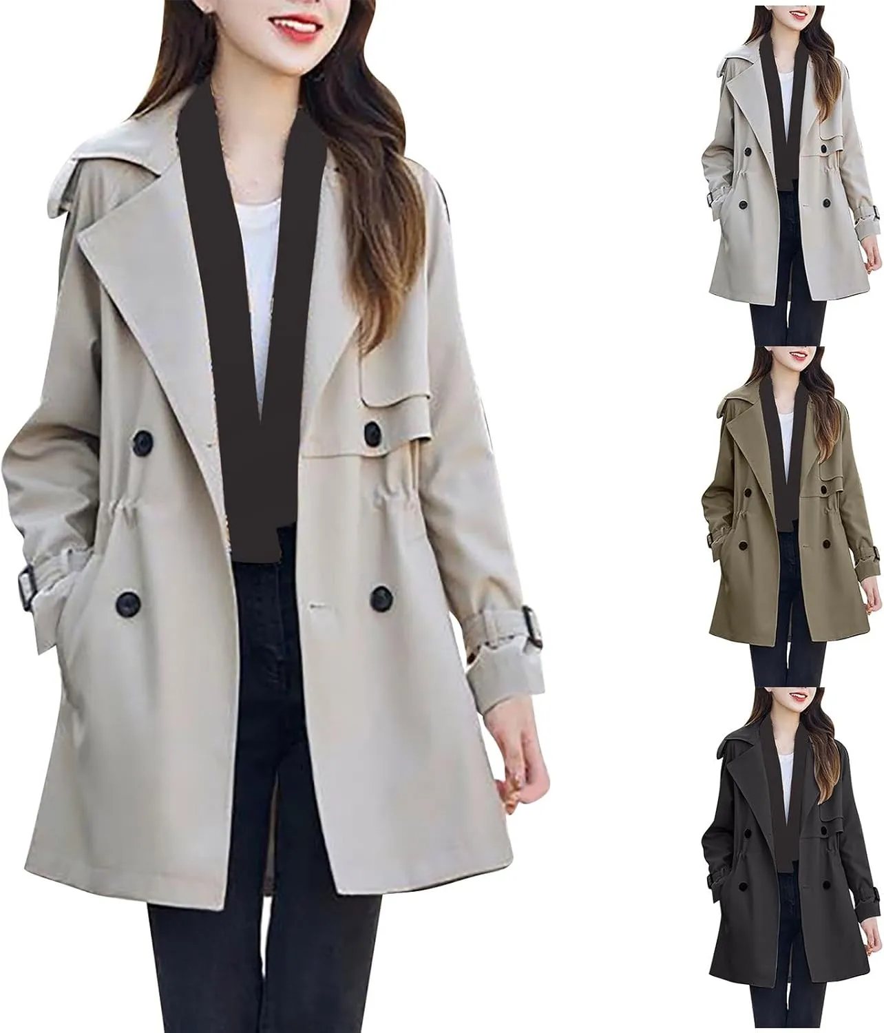 Womens Trench Coat Double-Breasted Long Winter Coats Lightweight Casual Notch Lapel Pea Coats Windbreaker
