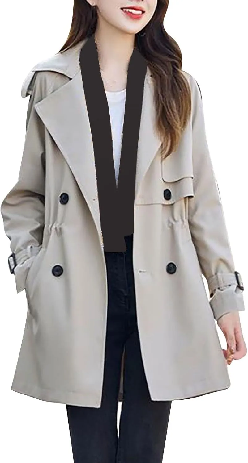 Womens Trench Coat Double-Breasted Long Winter Coats Lightweight Casual Notch Lapel Pea Coats Windbreaker