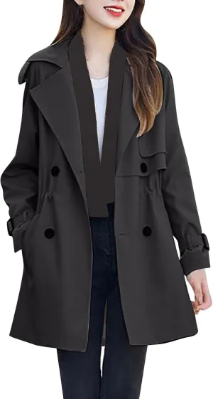 Womens Trench Coat Double-Breasted Long Winter Coats Lightweight Casual Notch Lapel Pea Coats Windbreaker