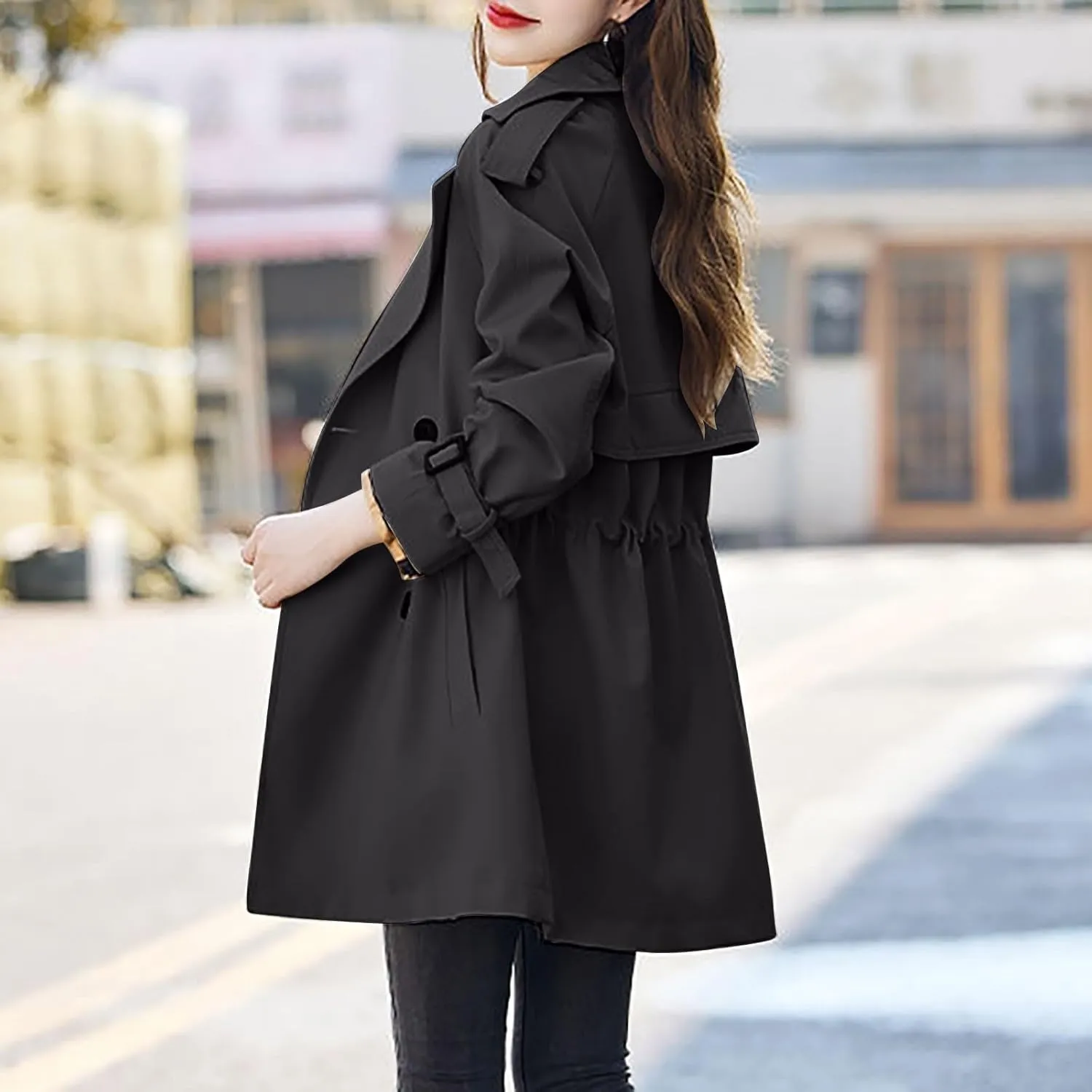 Womens Trench Coat Double-Breasted Long Winter Coats Lightweight Casual Notch Lapel Pea Coats Windbreaker