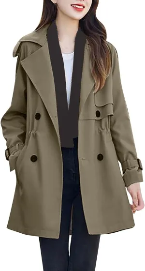Womens Trench Coat Double-Breasted Long Winter Coats Lightweight Casual Notch Lapel Pea Coats Windbreaker