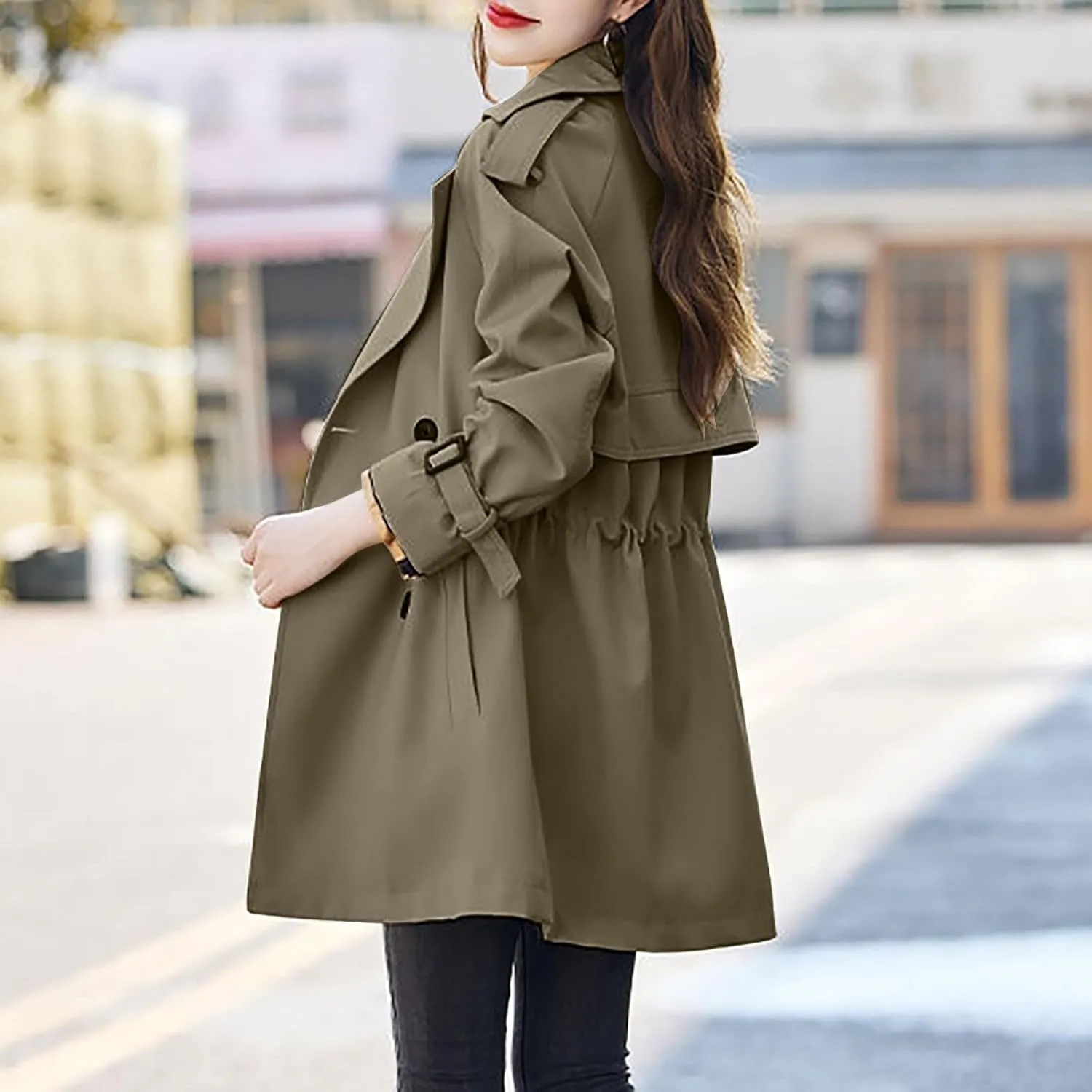 Womens Trench Coat Double-Breasted Long Winter Coats Lightweight Casual Notch Lapel Pea Coats Windbreaker