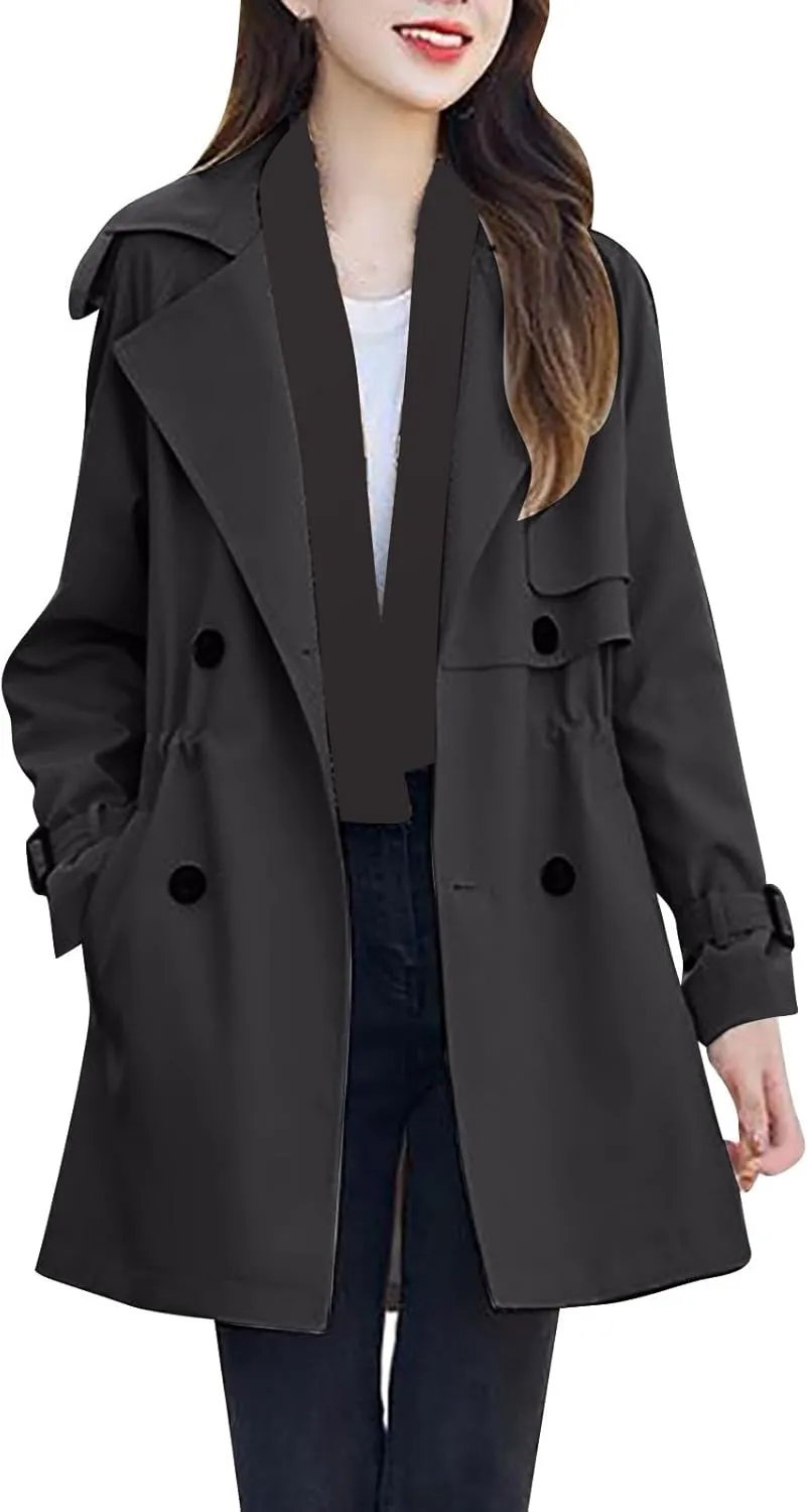 Womens Trench Coat Double-Breasted Long Winter Coats Lightweight Casual Notch Lapel Pea Coats Windbreaker