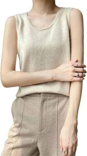 Wvapzxx Spring Summer Women Round Neck Knitted Vest Cashmere Thin Sleeveless Pullover Sweater Camisole