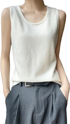 Wvapzxx Spring Summer Women Round Neck Knitted Vest Cashmere Thin Sleeveless Pullover Sweater Camisole