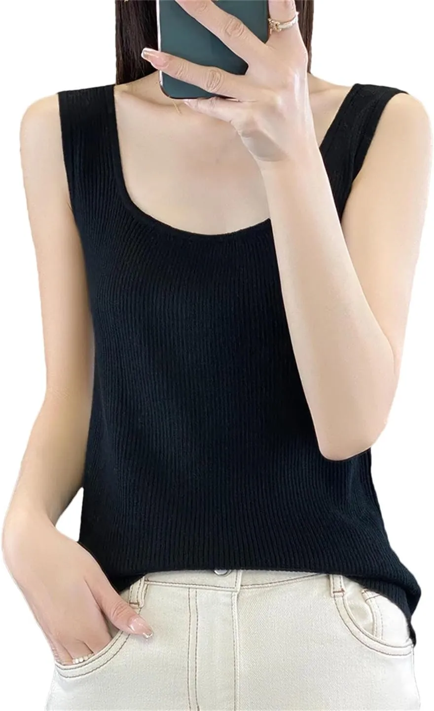 Wvapzxx Women's Summer U-Neck Knitted Camisole Tank Top Solid Color High Elastic Slim Fit Underwear Black